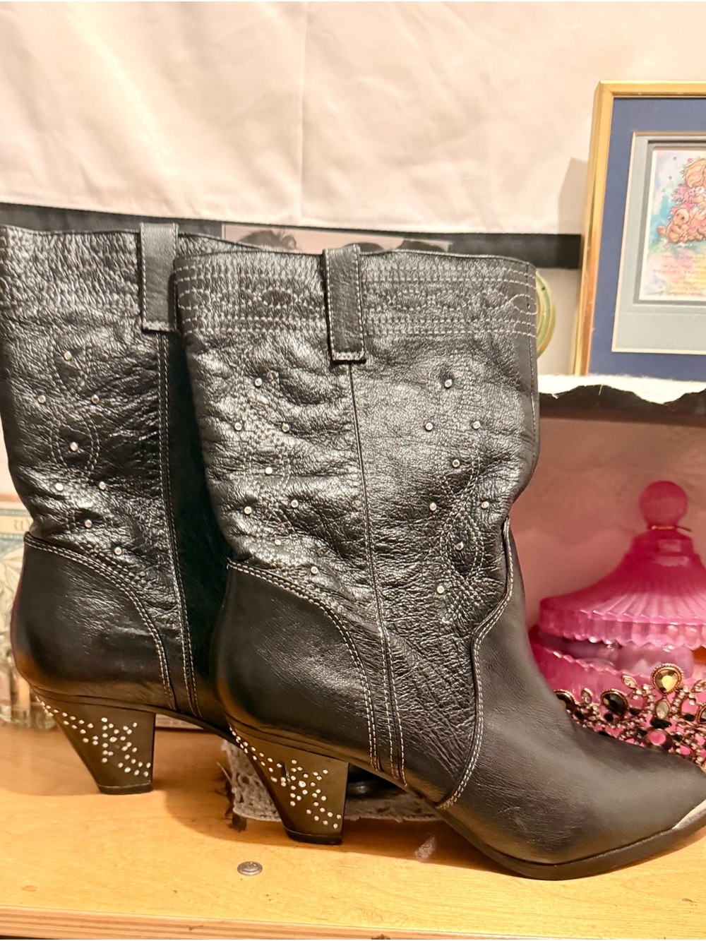 Dingo Black Studded Mid-Calf Heeled Boots 7.5